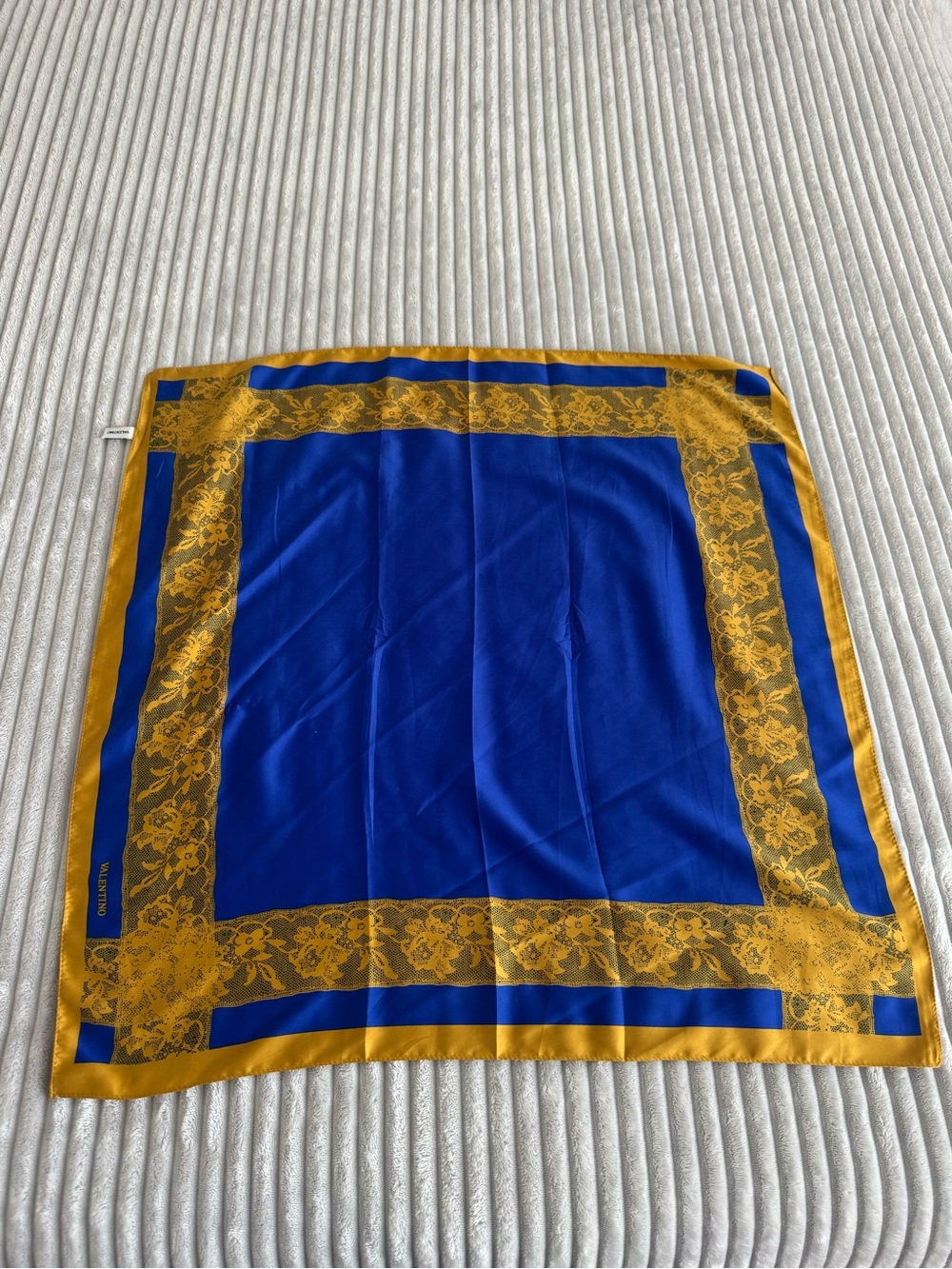 Blue & Gold Floral Print Square Satin Scarf 28” x 28” New
